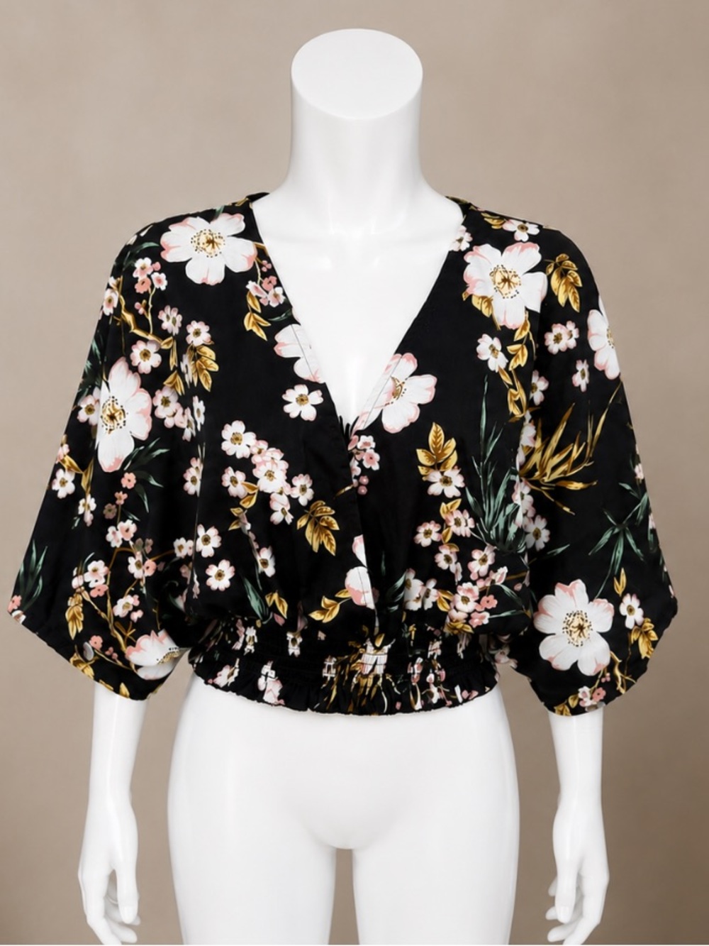 Jon & Anna Black Floral V-Neck Crop Flowy  Sleeve Blouse